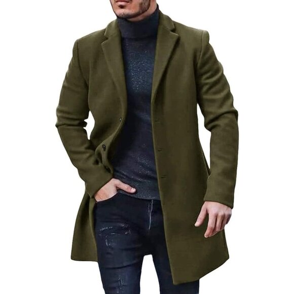 💫 Men Green Long Trench Coat Slim Fit Single Breasted Winter Warm Cotton Jacket
